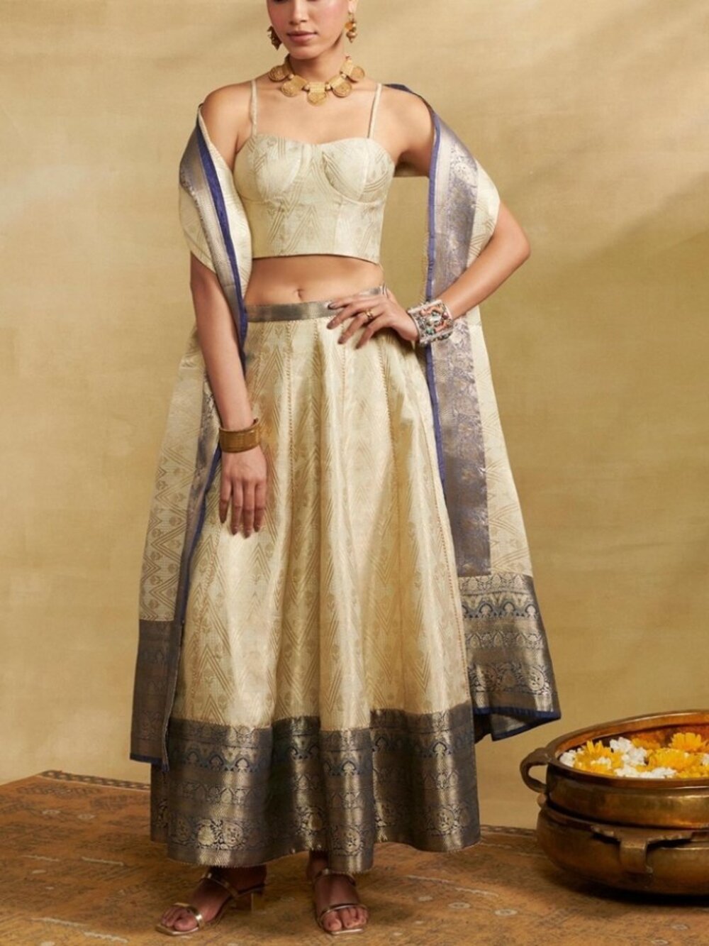 Ritu Kumar Cream and Blue Banarasi Silk Lehenga Choli Set